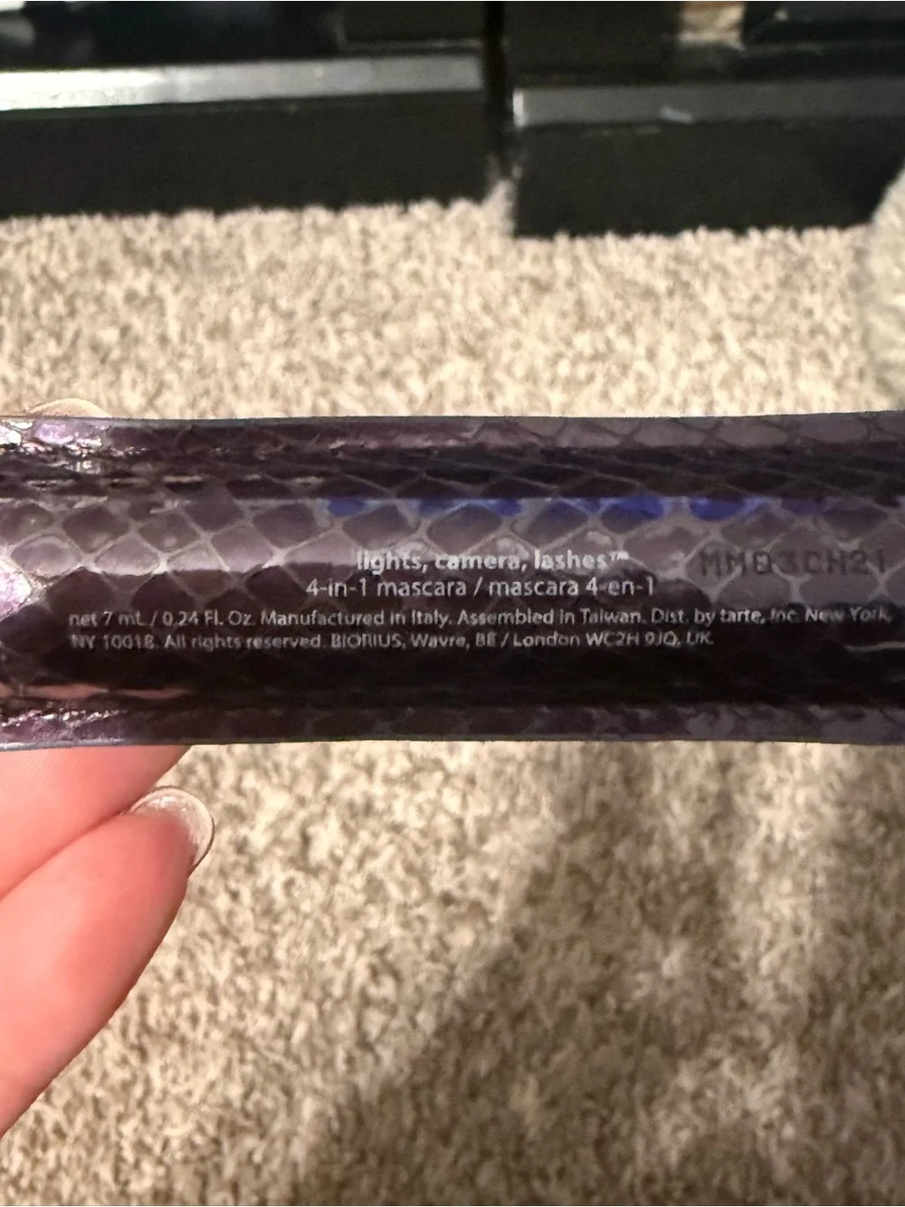 tarte like camera lashes in a  Deep Purple Mascara Sleeve with Gold Lettering